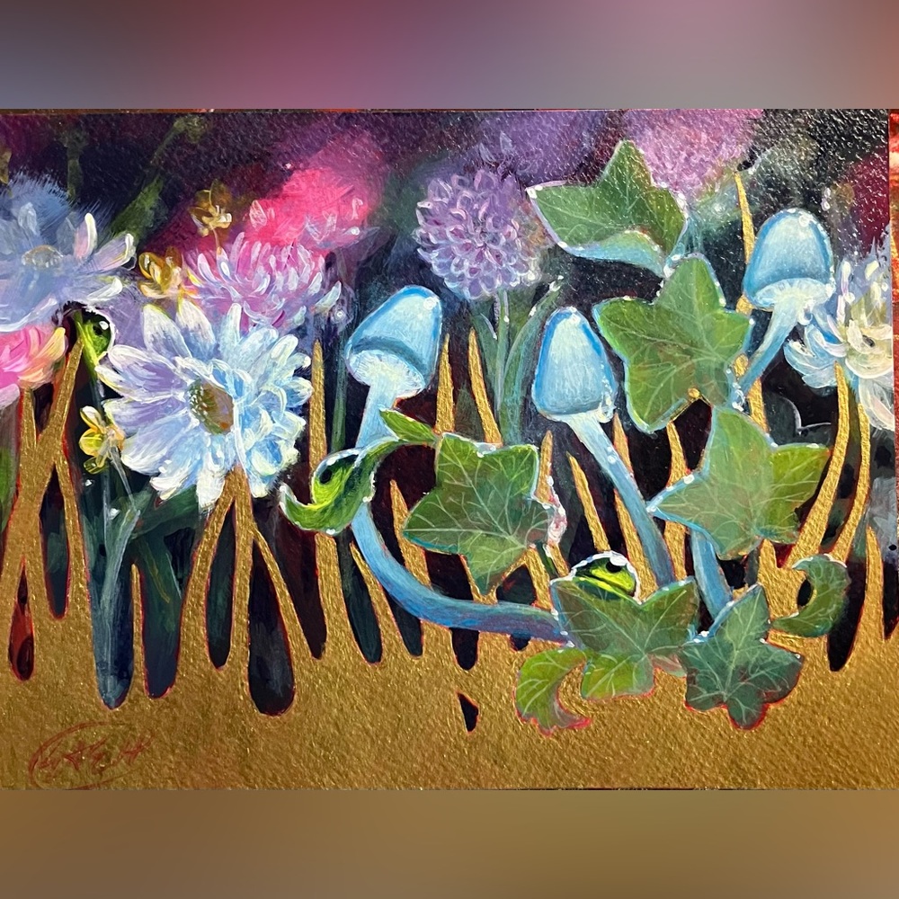 Original Painting Mushrooms art Gold accent Fantasy Whimsical Surreal nouveau